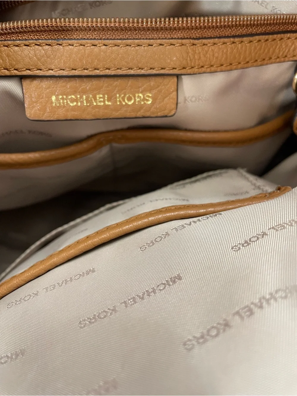 Michael Kors Canvas Leather Satchel Crossbody Bag Stripe Large Beige Brown Tot